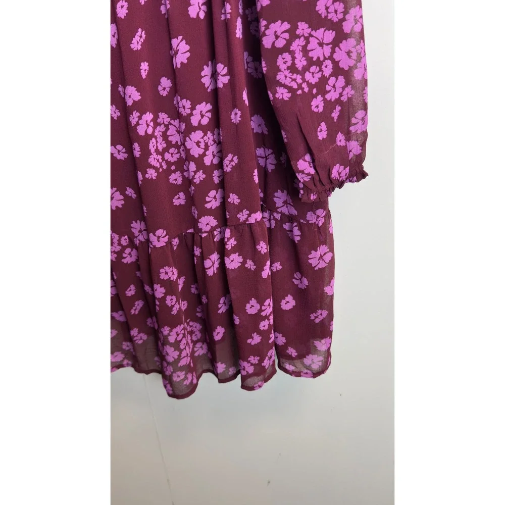 Time and Tru Womens M 8-10‎ Burgundy Purple Floral Pleated Chiffon Mini Dress